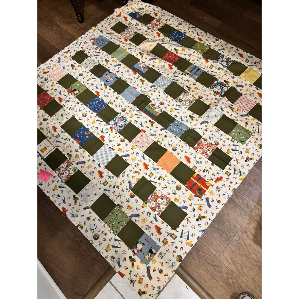 Handmade Quilt Top Backing Set 67.5x68 Patchwork Cotton Kids Toy Print